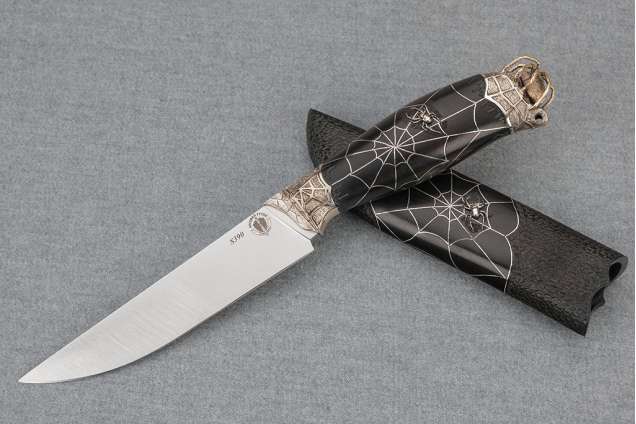 Нож Финский-2 Паук, сталь Bohler S390, мельхиор, инкрустация серебро, граб, деревянные ножны