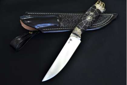 Нож "Финский-2 Паук" (Bohler S390, художественное литье мельхиор, инкрустация серебро, граб, формованные ножны-итальянская кожа растительного дубления)