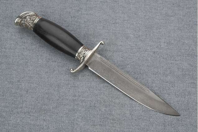 Нож Авторская Финка НКВД, сталь булат, мельхиор, черный граб, деревянные ножны