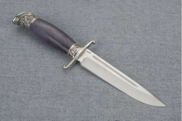 Нож Авторская Финка НКВД, сталь М390, мельхиор, стабилизированная карельская береза фиолетовая, деревянные ножны