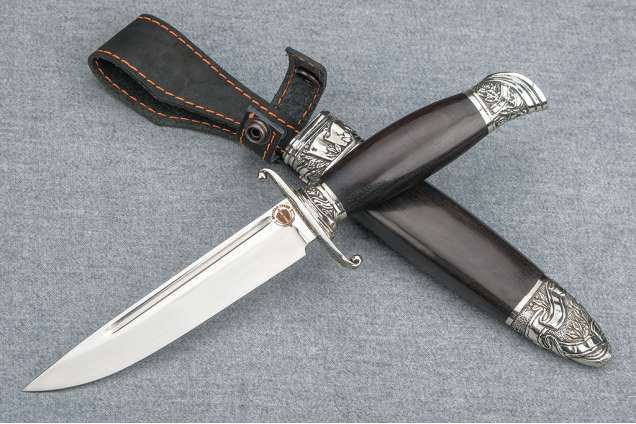 Нож "Авторская Финка-НКВД" (ELMAX, художественное литье мельхиор, стабилизированный граб, деревянные ножны)