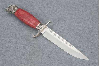 Нож Авторская Финка НКВД, сталь ELMAX, мельхиор, стабилизированная карельская береза красная, деревянные ножны