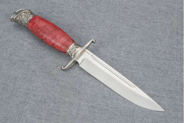 Нож Авторская Финка НКВД, сталь ELMAX, мельхиор, стабилизированная карельская береза красная, деревянные ножны