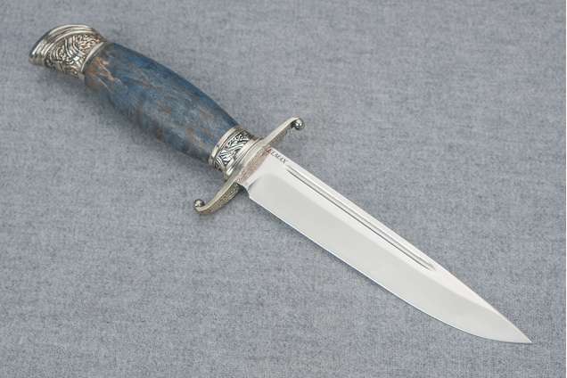 Нож Авторская Финка НКВД сталь ELMAX, мельхиор, стабилизированная карельская береза синяя, деревянные ножны