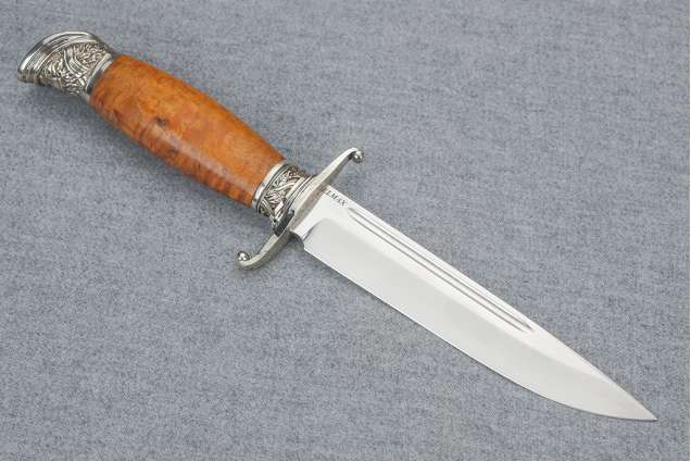 Нож Авторская Финка НКВД, сталь ELMAX, стабилизированная карельская береза желтая, мельхиор, деревянные ножны