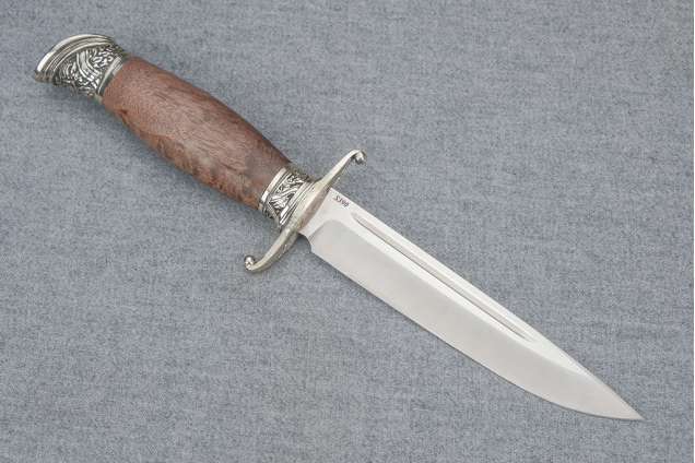 Нож Авторская Финка НКВД, сталь S390, мельхиор, стабилизированная карельская береза коричневая, деревянные ножны