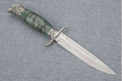 Нож Авторская Финка НКВД сталь S390, мельхиор, стабилизированная карельская береза зеленая, деревянные ножны