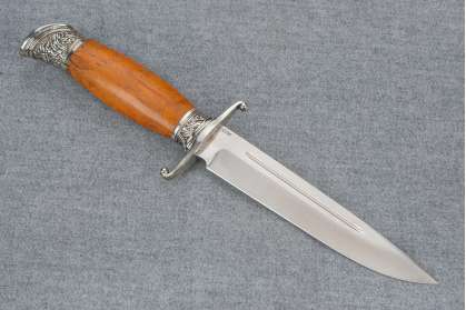Нож Авторская Финка НКВД сталь S390, мельхиор, стабилизированная карельская береза желтая, деревянные ножны