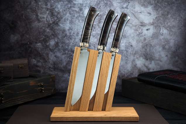 Набор ножей для кухни №12, клинки из стали Bohler S390, рукояти стабилизированная карельская береза, вставка стабилизированный бивень мамонта + подставка под ножи в подарок
