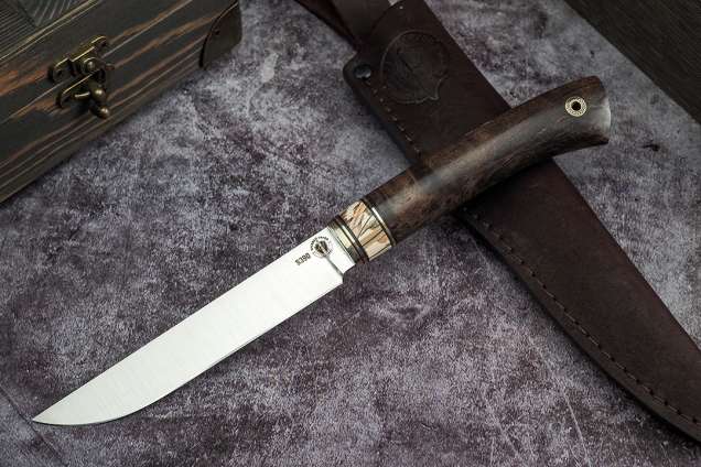 Нож Шеф-повар-1, клинок из стали  Bohler S390, рукоять стабилизированная карельская береза, вставка стабилизированный бивень мамонта 