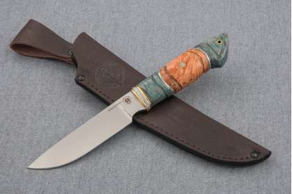 Нож "Рысь", сталь М390, рукоять стабилизированная карельская береза, резьба, мозаичный пин