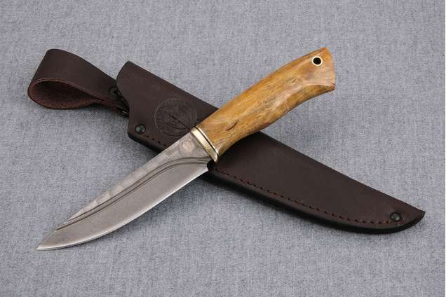 Нож Финский-2, сталь булат, дол, под камень, рукоять стабилизированная карельская береза