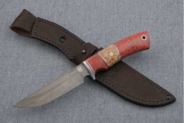 Нож Варан, сталь булат, рукоять стабилизированная карельская береза, карельская береза, мозаичный пин