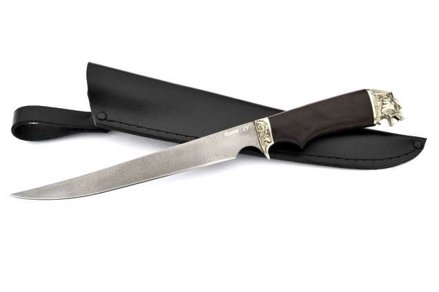 Нож Филейный №1, сталь булат, художественное литье мельхиор, рукоять граб