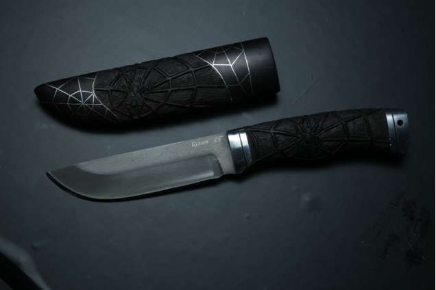 Нож Лиса, сталь булат, дюраль, стабилизированный граб резной, паук, деревянные ножны