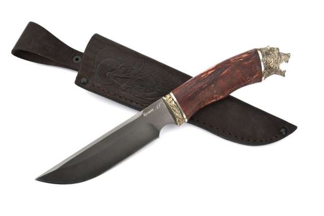 Нож Походный, сталь булат, художественное литье мельхиор, рукоять стабилизированная карельская береза