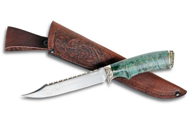 Нож "Рыбак" (Булат, художественное литье мельхиор, стабилизированная карельская береза)