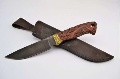 Нож Рысь, булатная сталь, художественное литье латунь, бубинга, резная рукоять