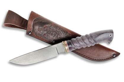 Нож Рысь, сталь булат, художественное литье мельхиор, рукоять стабилизированная карельская береза, резной
