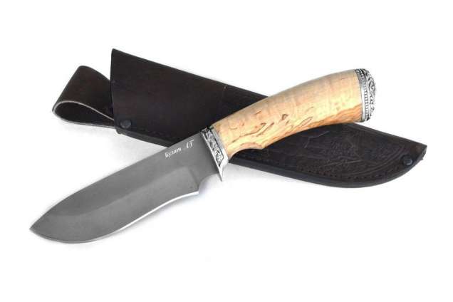 Нож Скаут, сталь булат, художественное литье мельхиор, рукоять карельская береза