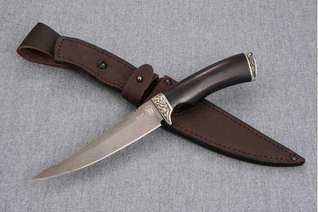Нож Рыбак-3, сталь булат, художественное литье мельхиор, рукоять граб