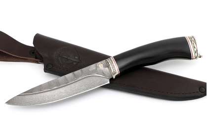 Нож Рысь-2, сталь булат, под камень, дол, художественное литье мельхиор, рукоять граб