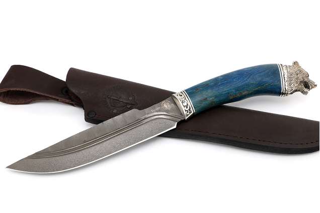 Нож "Таежный" (Булат, под камень, долы, художественное литье .мельхиор, стабилизированная карельская береза)