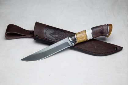 Нож "Ласка" (Булат, премиум рукоять, комбинированная стаб. карельская береза, рог лося, резьба ручной работы)