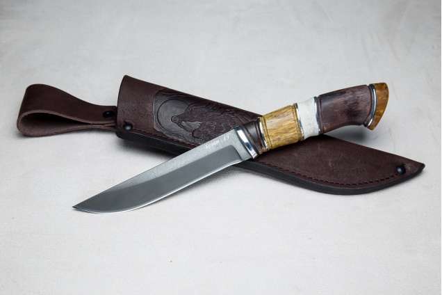 Нож Ласка, сталь булат, комбинированная стаб. карельская береза, рог лося, резьба ручной работы