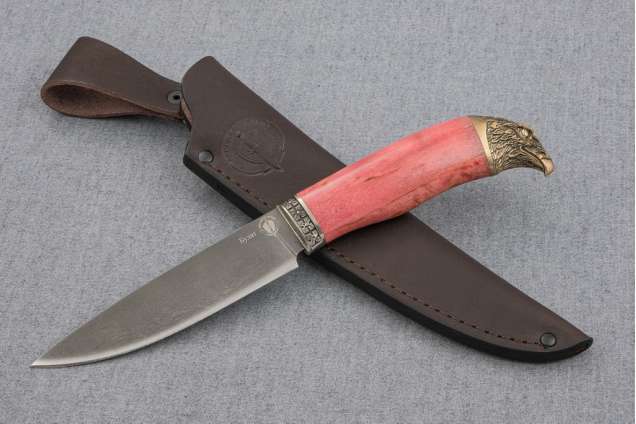 Нож Рысь-2, сталь булат, рукоять стабилизированная карельская береза, художественное литье мельхиор