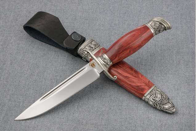Нож Авторская Финка НКВД, сталь Х12МФ, мельхиор, стабилизированная карельская береза красная, деревянные ножны