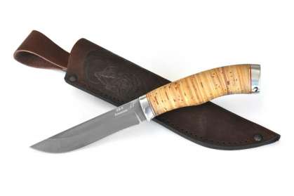 Нож "Финский" (Алмазная сталь ХВ-5, литье мельхиор, береста)