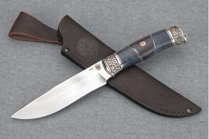 Нож "Беркут" (Bohler К340, художественное литье мельхиор, стабилизированная карельская береза, мореный граб, мозаичный пин)