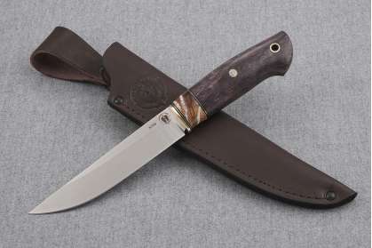 Нож "Финский-2", сталь S390, рукоять стабилизированная карельская береза, стабилизированный зуб мамонта, мозаичный пин