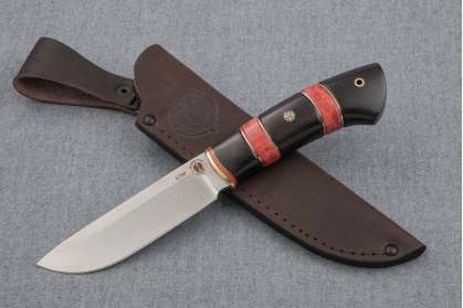 Нож "Лиса", сталь S390, рукоять граб, стабилизированная карельская береза, мозаичный пин, резьба