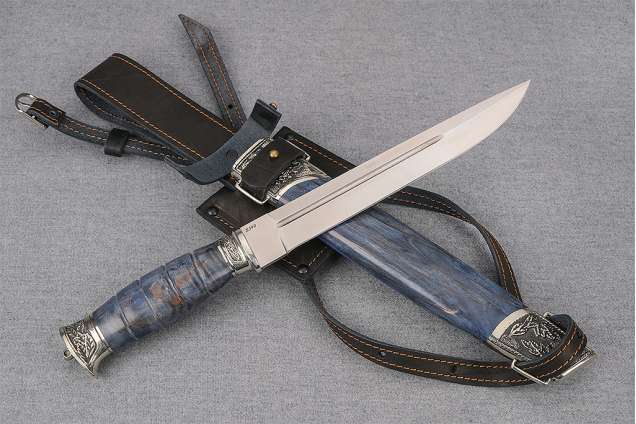 Нож Пластунский, сталь S390, стабилизированная карельская береза синяя, деревянные ножны