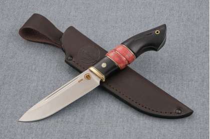Нож Арсенал, клинок из стали Bohler S390, рукоять стабилизированная карельская береза, морёный граб, резьба, мозаичный пин