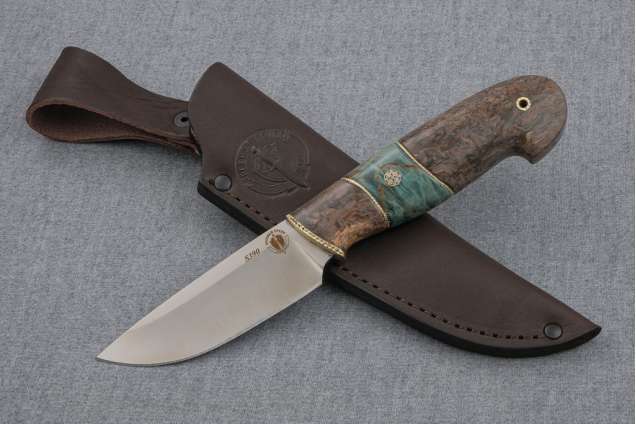Нож "Бобр-2", сталь S390, рукоять стабилизированная карельская береза, мозаичный пин