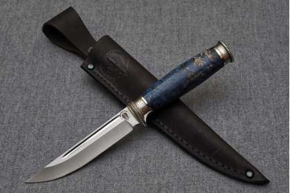 Нож Финка, клинок из стали Crucible CPM S90V, рукоять художественное литье мельхиор, стабилизированный кап клена