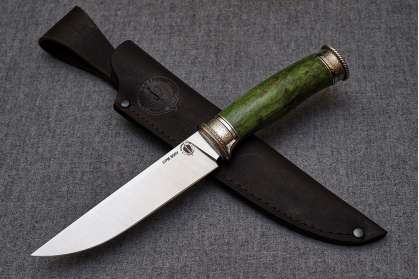Нож Финский-2, клинок из стали Crucible CPM S90V, рукоять художественное литье мельхиор, стабилизированная карельская береза