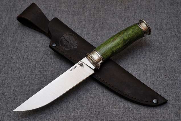 Нож Финский-2, клинок из стали Crucible CPM S90V, рукоять художественное литье мельхиор, стабилизированная карельская береза