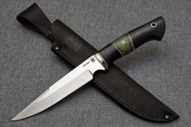 Нож Каратель, клинок из стали Crucible CPM S90V, рукоять морёный граб, стабилизированная карельская береза, мозаичный пин
